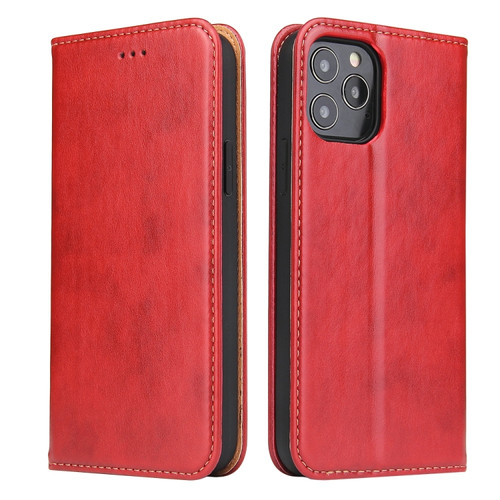 iPhone 12 / 12 Pro Fierre Shann PU Genuine Leather Texture Horizontal Flip Leather Case with Holder & Card Slots & Wallet - Red